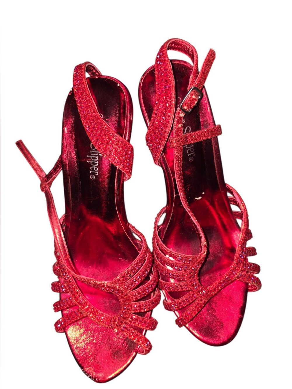 9/2/27. Womens Silver Slipper Red Glitter Strappy Evening Heels